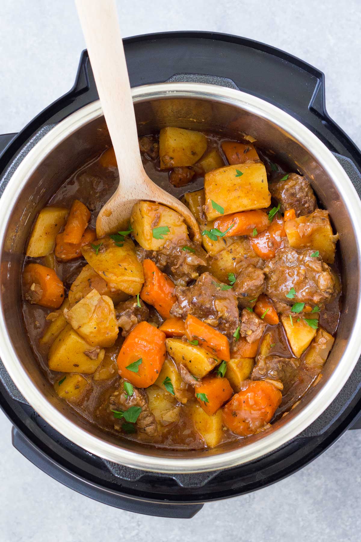 Beef stew after thickening in an Instant Pot.