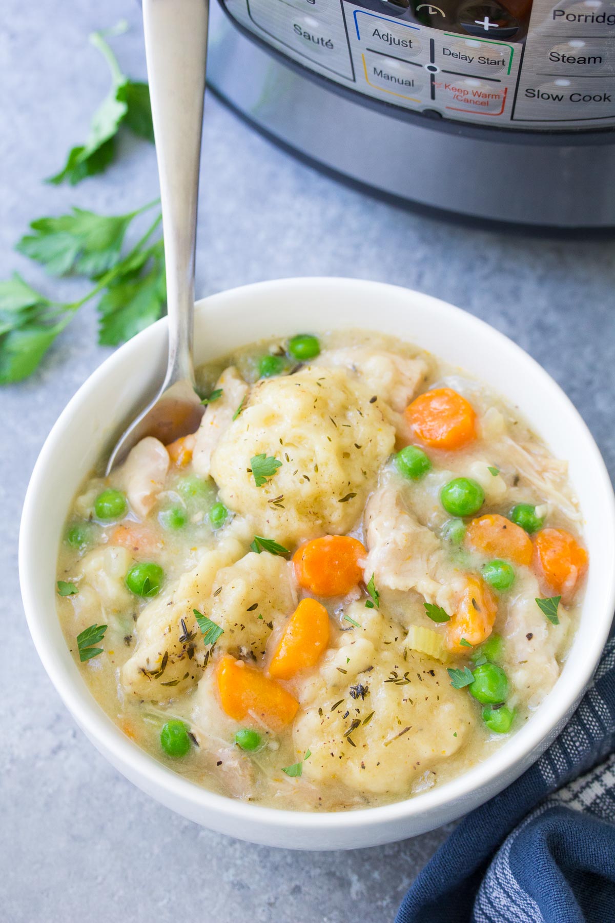 Instant Pot Chicken and Dumplings in a white bowl with a spoon.