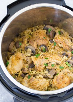 Instant Pot Chicken and Mushrooms after cooking, in an Instant Pot.