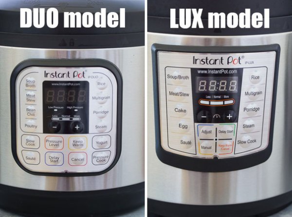 The front displays and buttons on the Instant Pot DUO model and Instant Pot LUX model.