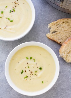 Two bowls of potato leek soup, made in an Instant Pot.