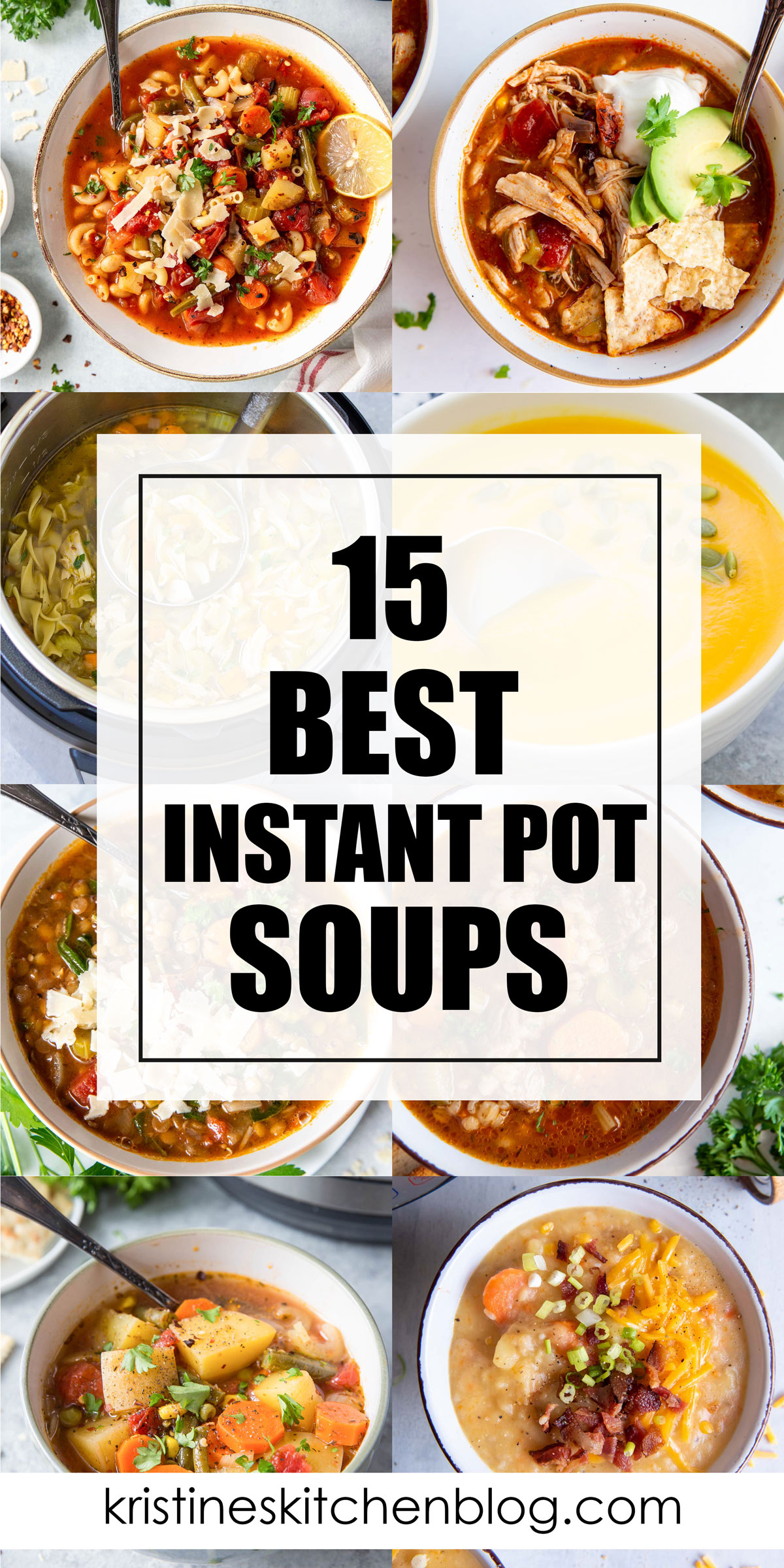 Collage of eight instant pot soup recipes.