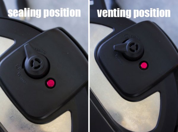 Instant Pot steam release valve in sealing position and venting position.