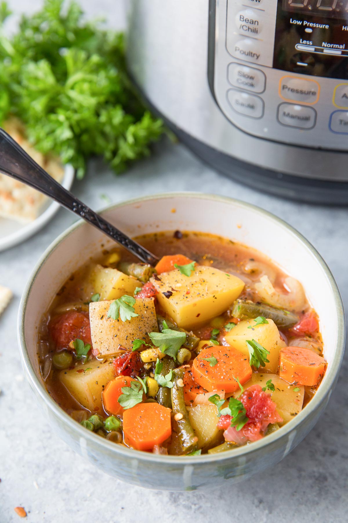 Instant Pot vegetable soup in bowl with a spoon.