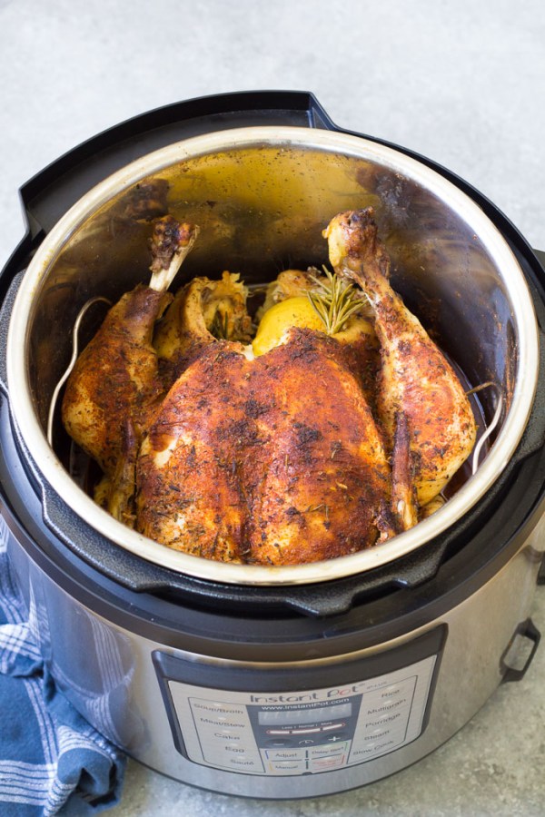 Whole roast chicken in an Instant Pot.