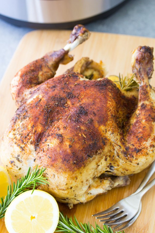 Rotisserie-style whole chicken, cooked in an Instant Pot.
