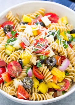 Close up of Italian Pasta Salad in a white bowl.