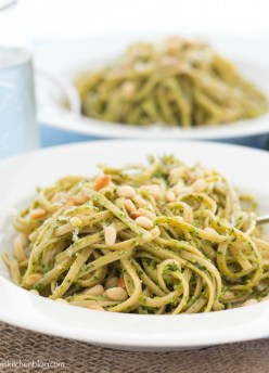 Kale Pesto Pasta - pasta tossed with creamy pesto and toasty pine nuts. A healthy meatless meal!