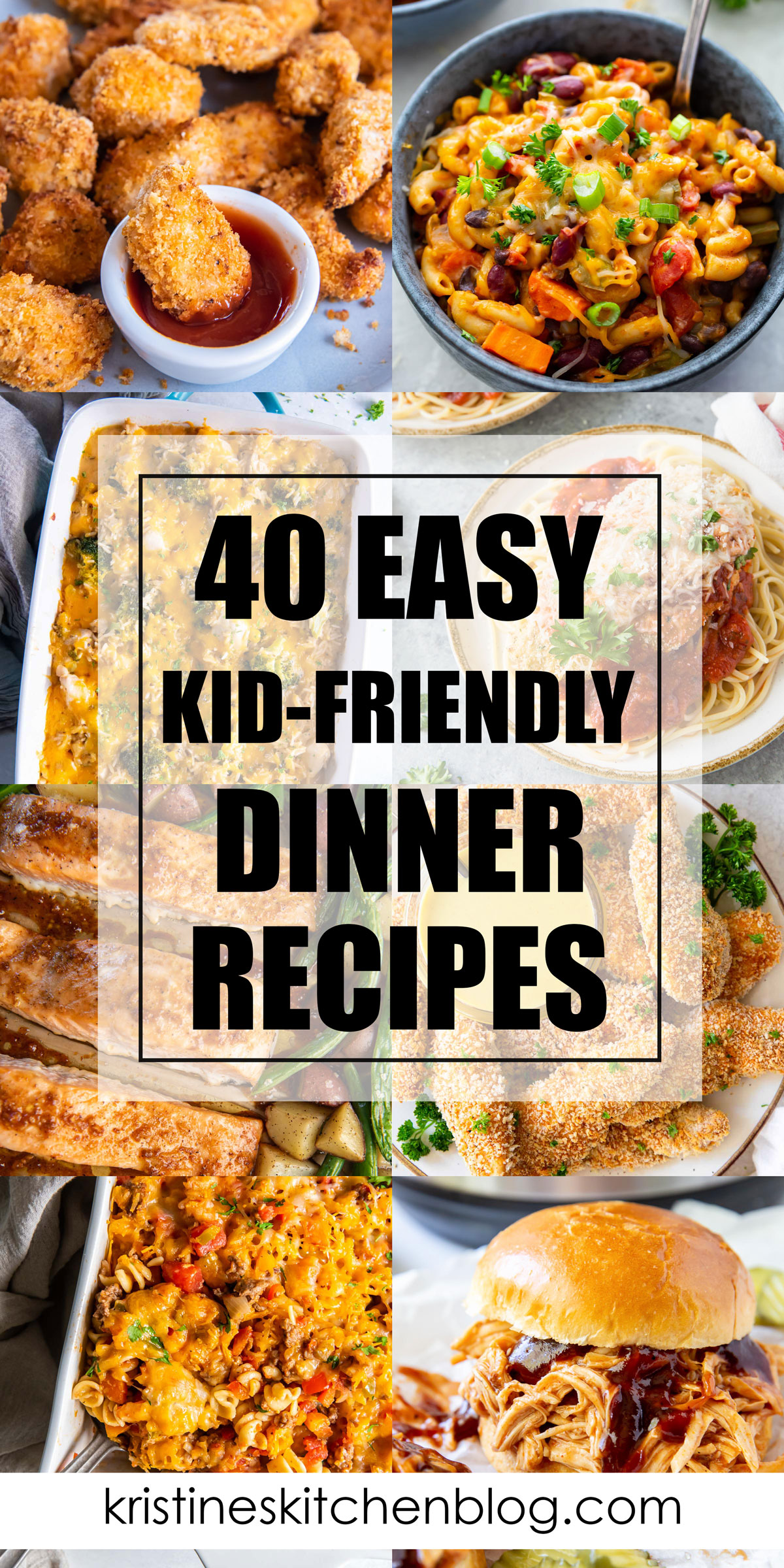 Collage of 8 kid-friendly dinner recipes with text overlay.