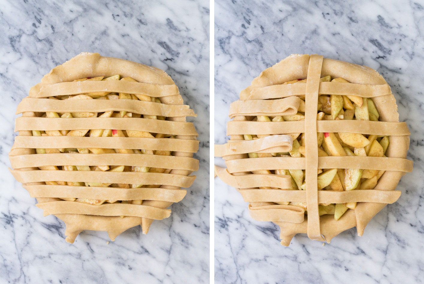 Two photos of weaving a lattice pie crust: strips covering pie in one direction and then weaving the first strip of dough.