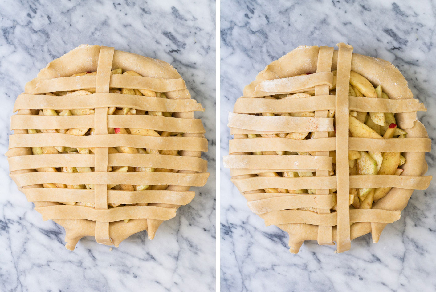 Weaving more strips of dough into a lattice pie crust.