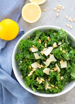This Lemon Parmesan Kale Salad with toasted pine nuts is our favorite easy kale salad! It is just as good the second day for a healthy meal prep lunch.