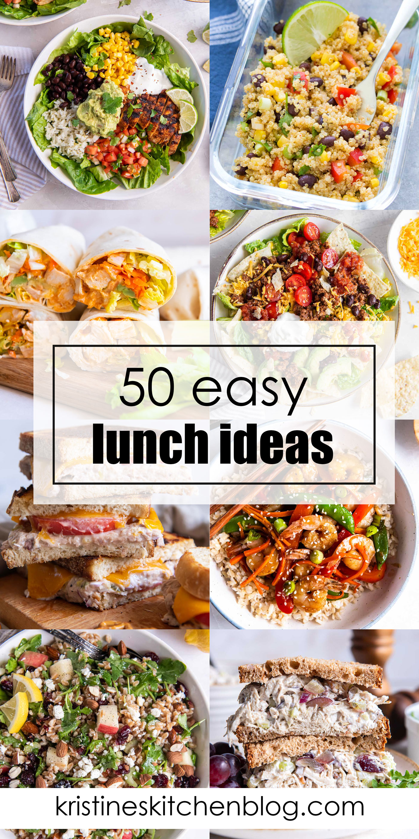 Collage of 8 lunch recipes with text overlay, "50 easy lunch ideas."