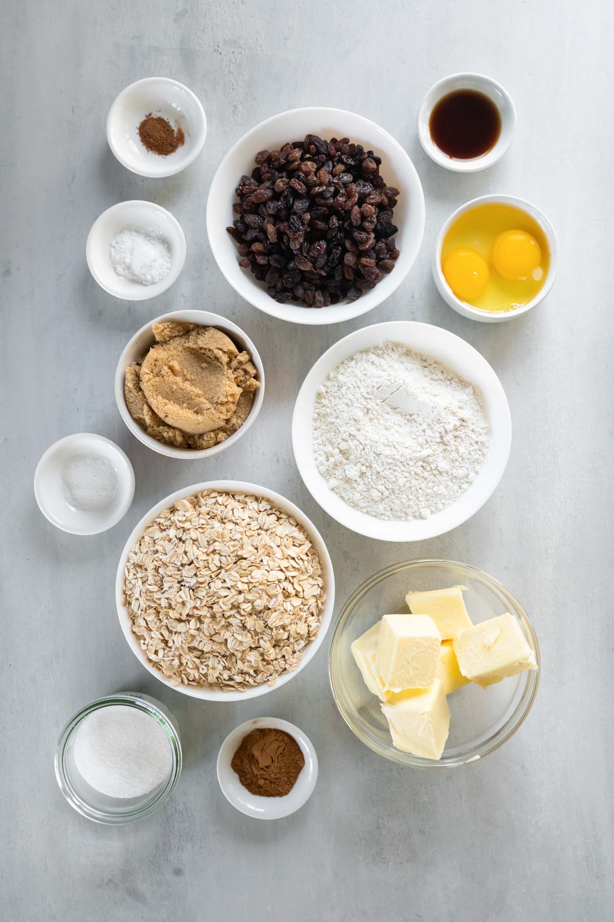 Ingredients for oatmeal raisin cookies recipe.