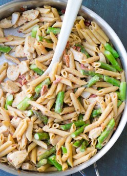 One Pot Creamy Asparagus Chicken Pasta. This easy one pan dinner is full of vegetables, whole grain pasta and lean protein! | www.kristineskitchenblog.com