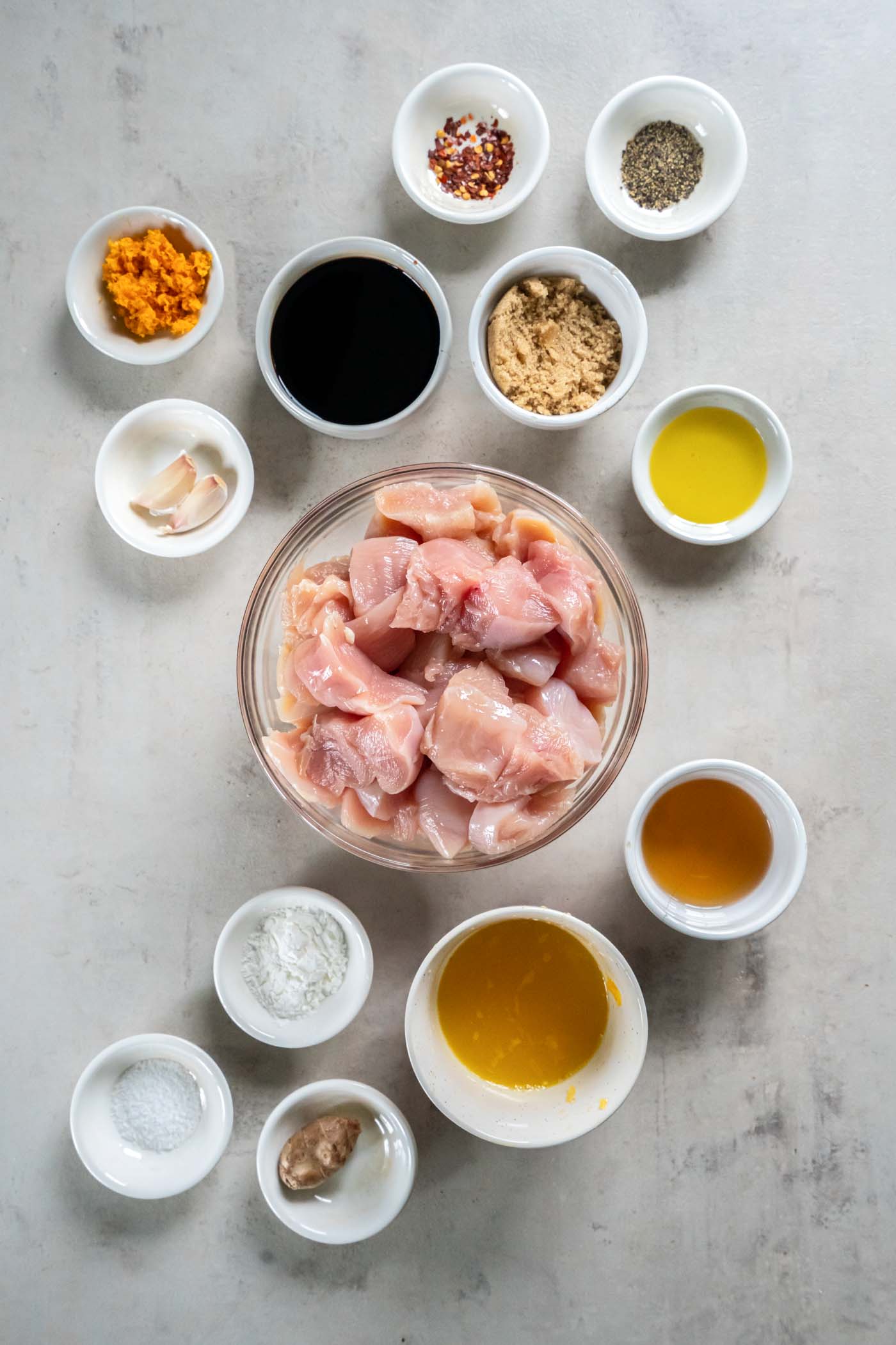 Ingredients for orange chicken recipe.