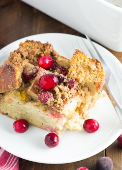 Overnight Cranberry Orange French Toast Casserole – a special breakfast that's perfect for Christmas morning or any weekend! Made with whole wheat bread, milk, and a combination of maple syrup and brown sugar, this french toast bake is just a little bit healthier without sacrificing on flavor.