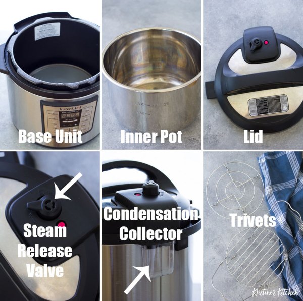 Instant Pot parts and accessories: base unit, inner pot, lid, steam release valve, condensation collector, trivets