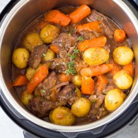 Pot roast with potatoes and carrots in an instant pot.