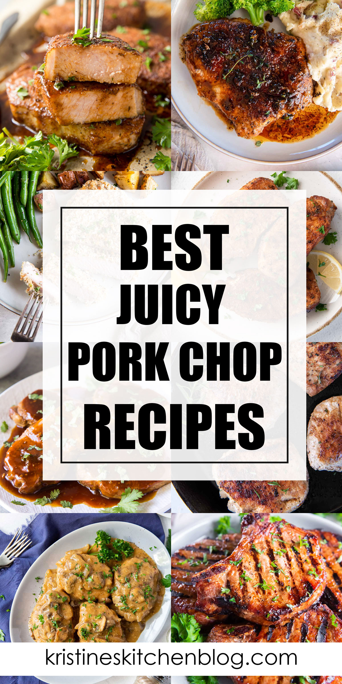 Collage of 8 images showing various pork chop recipes with text overlay.
