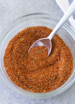 Pork rub in a small glass bowl with a spoon.