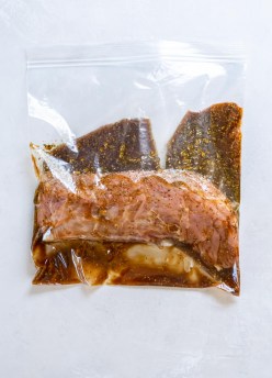 Pork tenderloin and marinade sealed in zip-top bag.