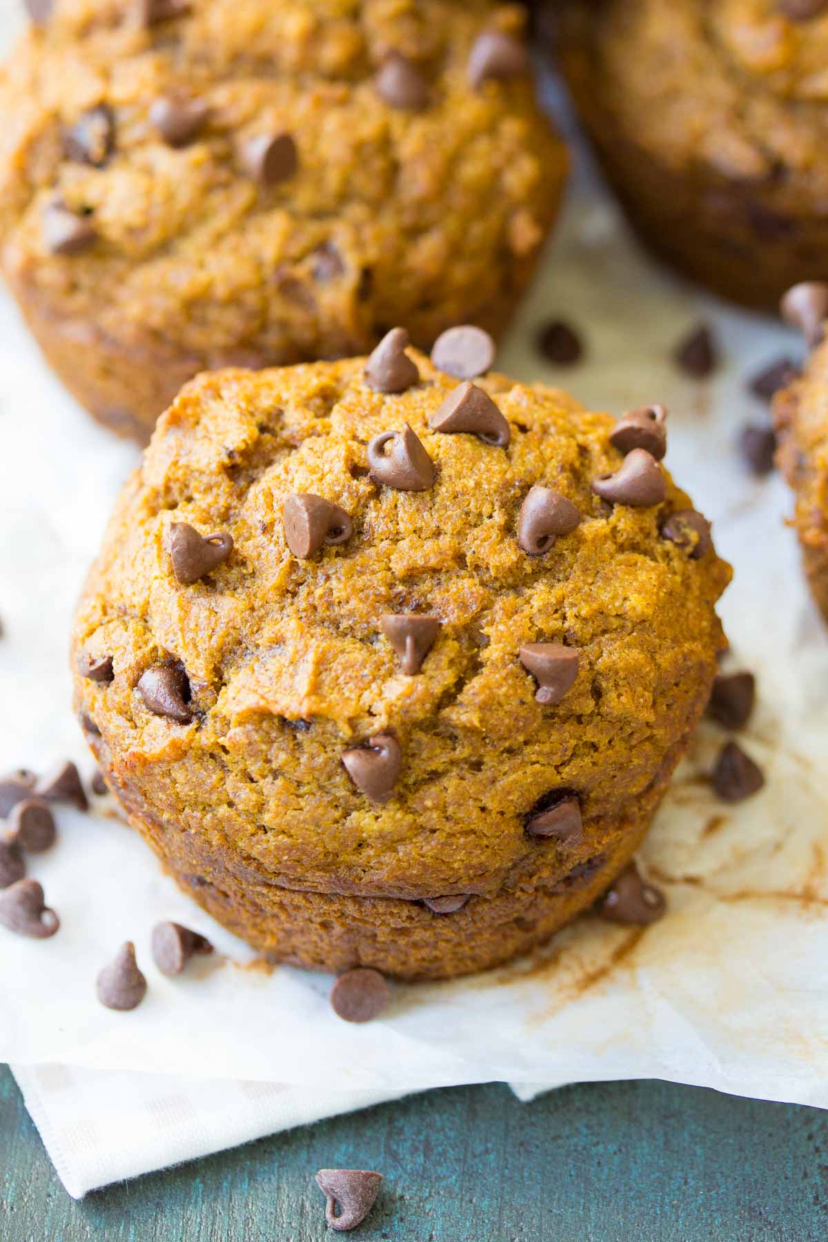close up of pumpkin chocolate chip muffin