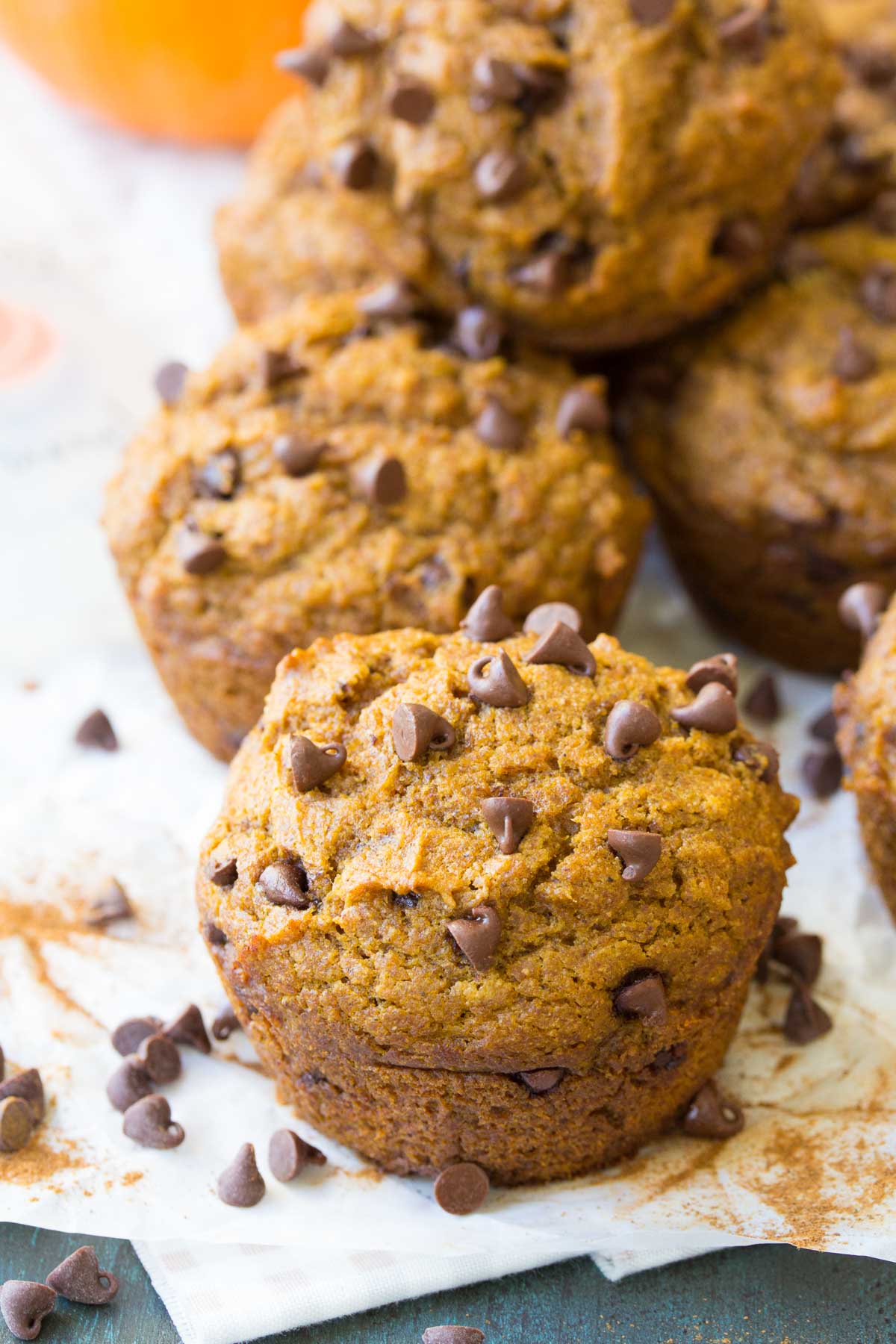 pumpkin muffins with chocolate chips ready to eat