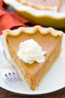 A slice of homemade pumpkin pie with whipped cream on a small plate.