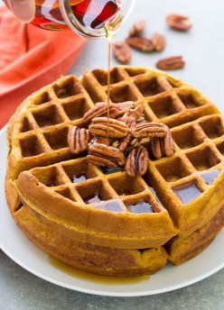 Healthy Pumpkin Waffles with Maple Syrup
