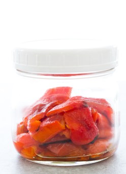 Roasted red peppers in a jar.