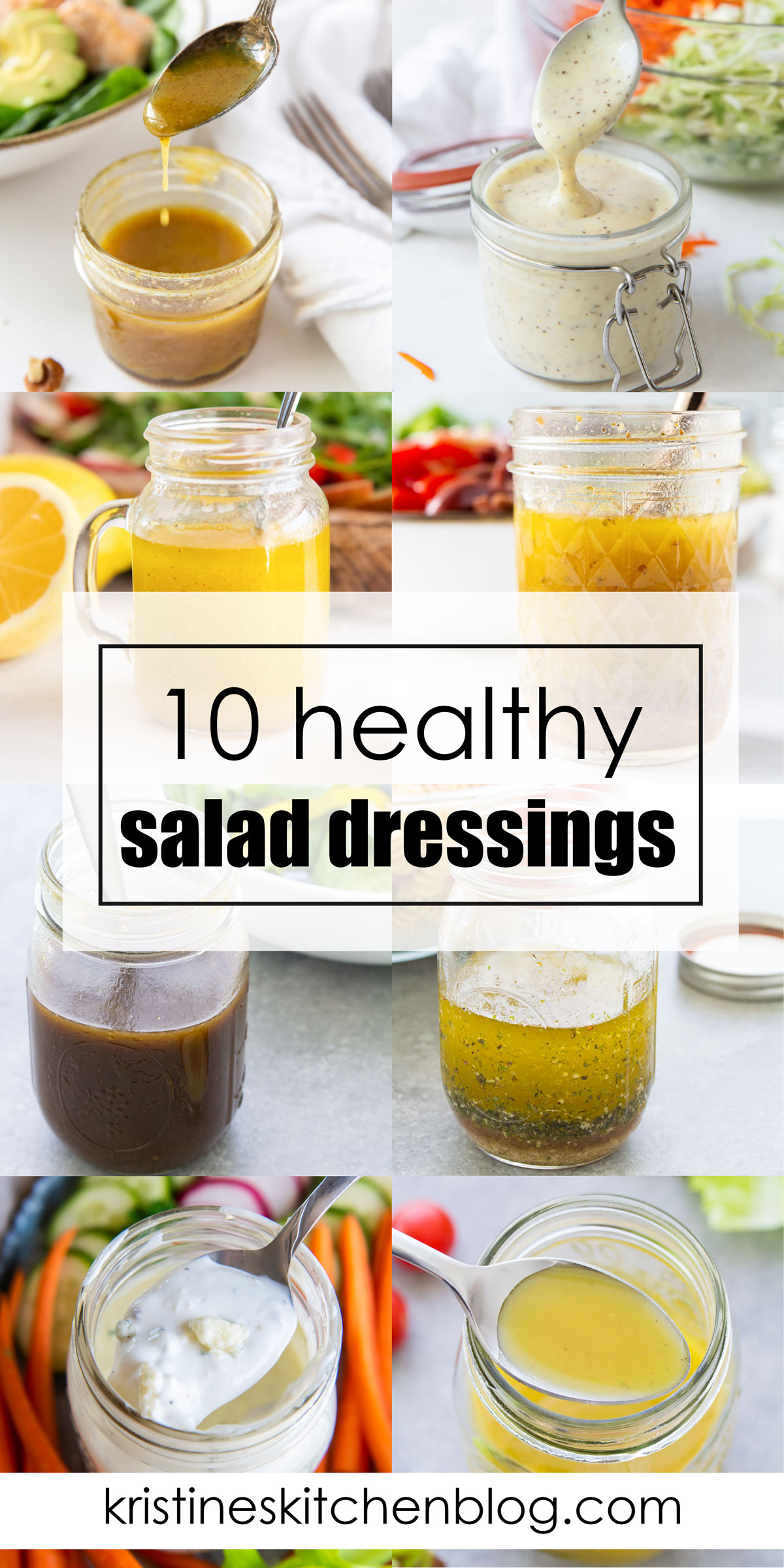 Collage of 8 photos of salad dressings.