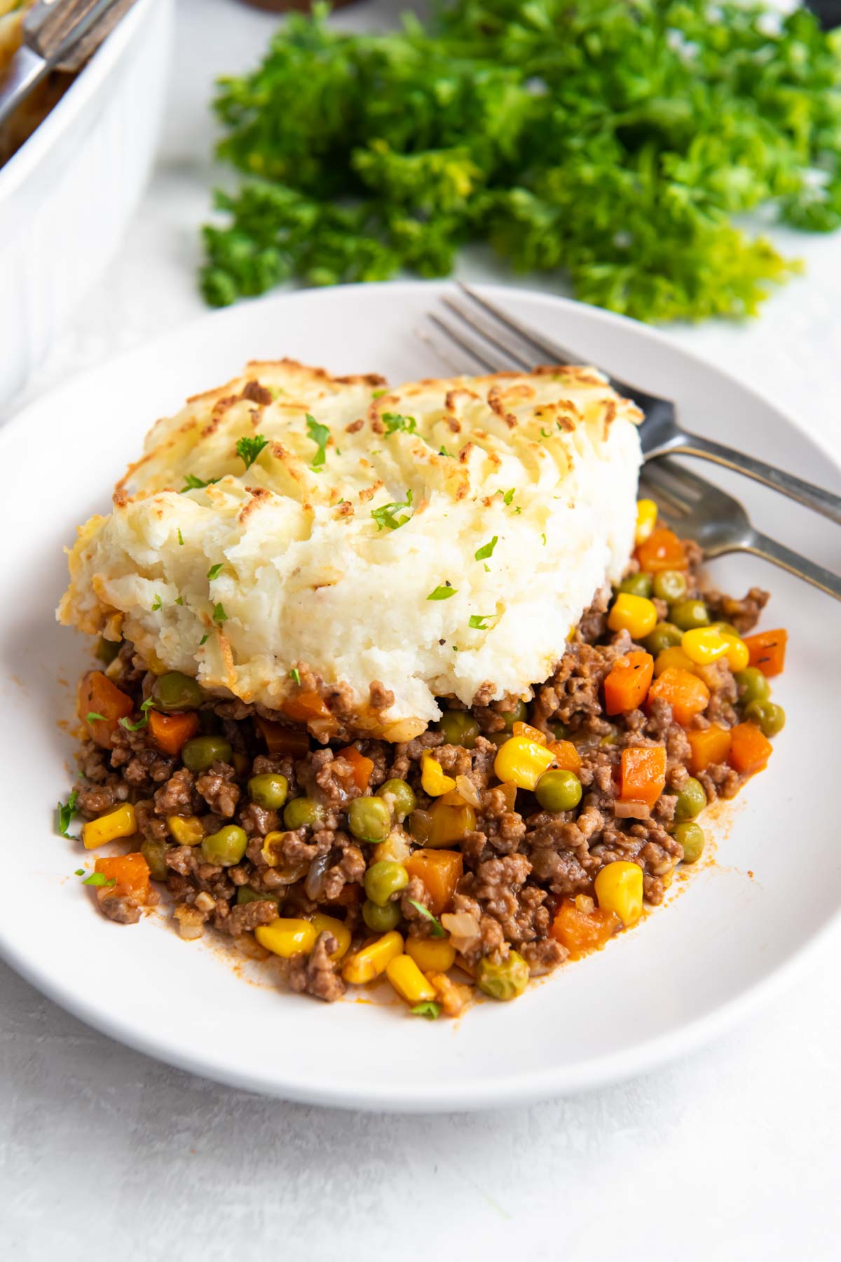 Serving of shepherd's pie on a small white plate.