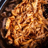 BBQ pulled chicken in slow cooker.
