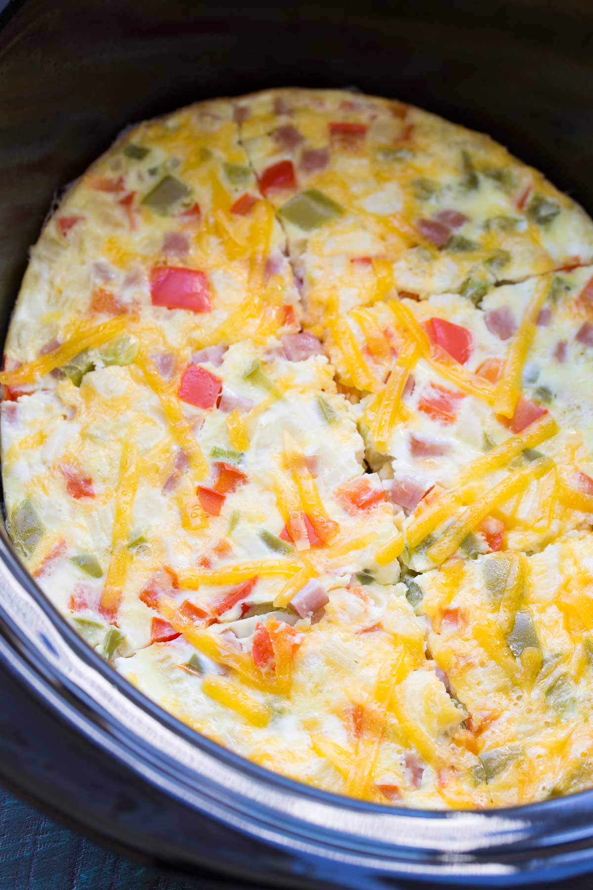 Ham and cheese frittata in a slow cooker.