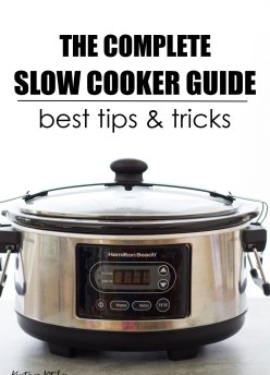A slow cooker with the lid on and text, "The complete slow cooker guide. Best tips and tricks."