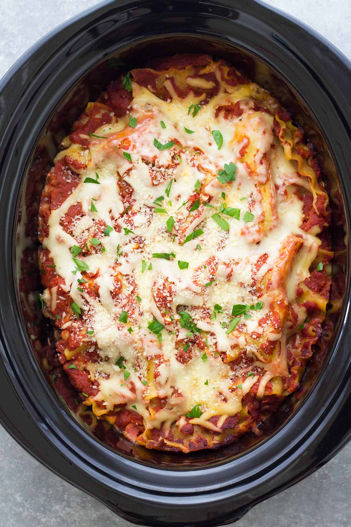 lasagna with meat sauce in a slow cooker