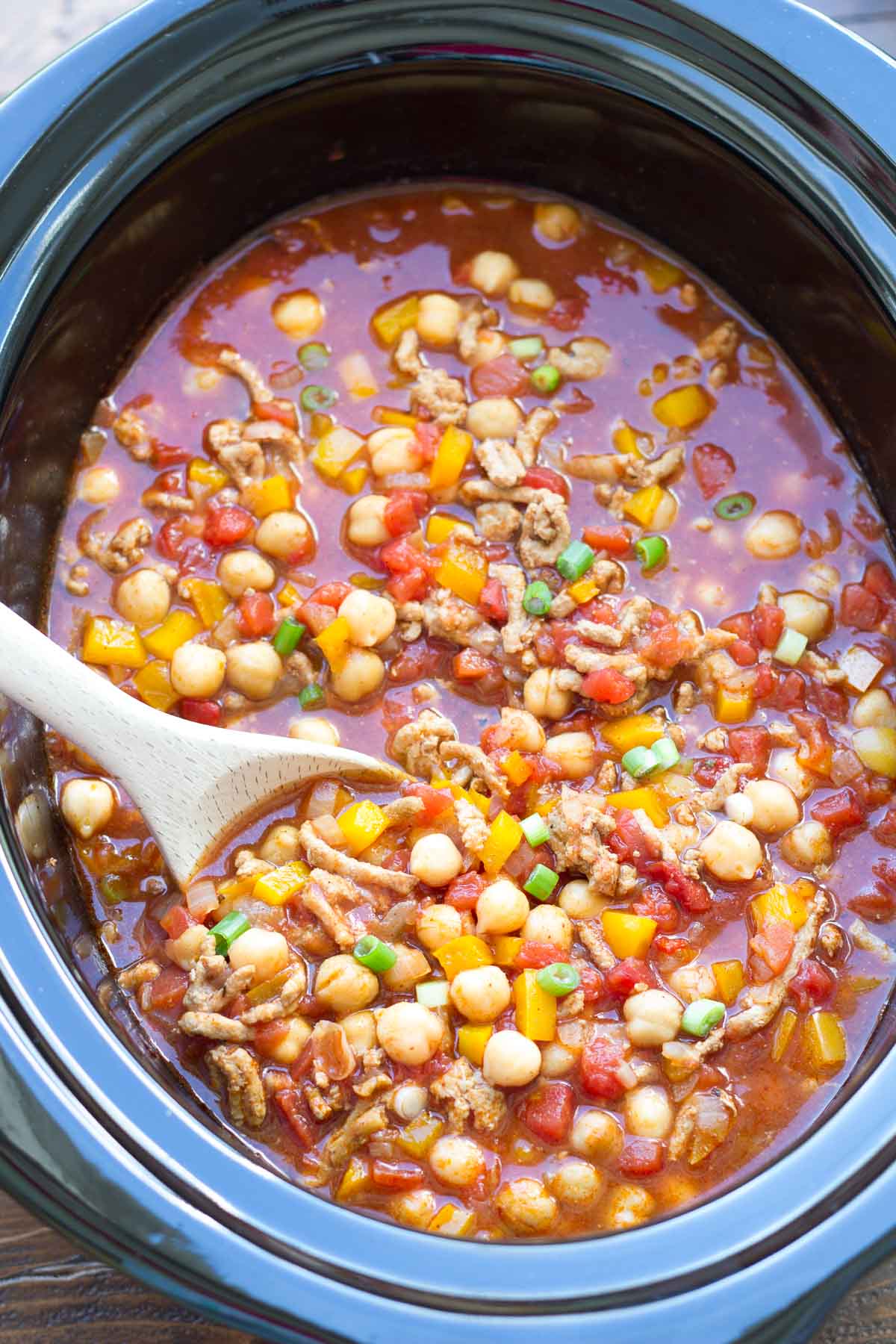 Turkey chickpea chili in slow cooker.