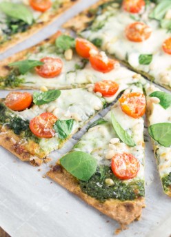 Spinach Pesto Pizza with Kale on crispy flatbread