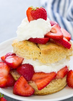 Close up of strawberry shortcake on a plate, with homemade biscuit, strawberries and whipped cream.