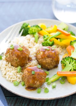 Sweet and sour meatballs are so tender and flavorful! You can make them ahead for a quick freezer meal for weeknight dinners. You will love the homemade 3 ingredient sweet and sour sauce! These healthy baked meatballs are made with ground turkey, ginger and hoisin.