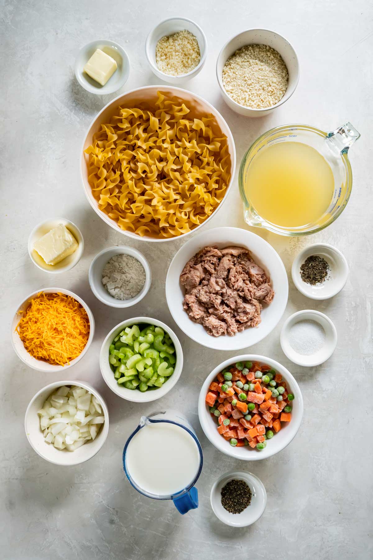 Ingredients for tuna noodle casserole recipe.