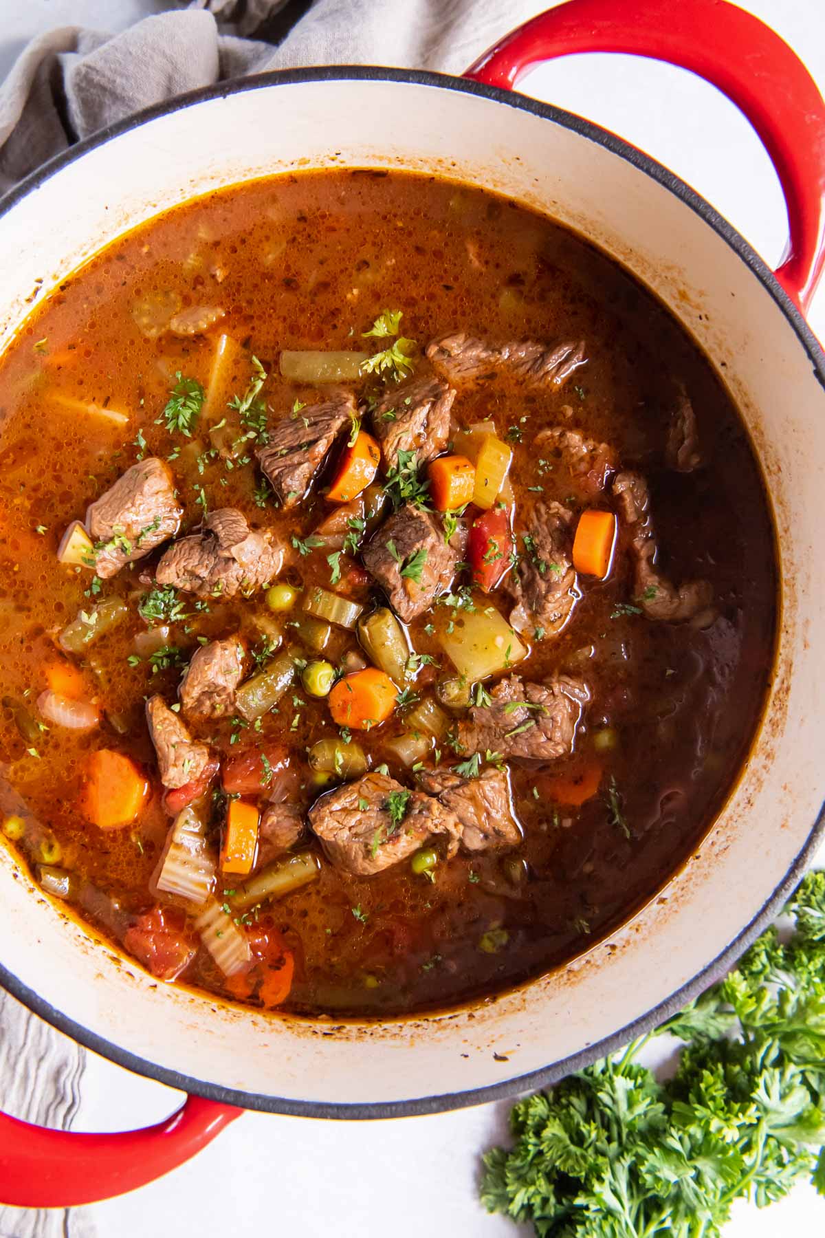 Vegetable beef soup in a Dutch oven pot.