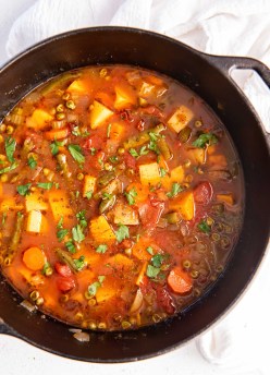 Vegetable soup in a dutch oven pot.