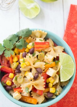 closeup of southwest pasta salad in a bowl